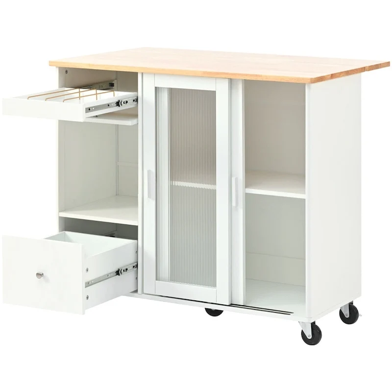 Rubberwood Kitchen Cart with Drop Leaf, Internal Storage Rack, Flip Cabinet Door, and 2 Drawers