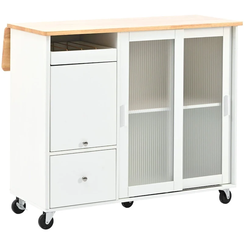 Rubberwood Kitchen Cart with Drop Leaf, Internal Storage Rack, Flip Cabinet Door, and 2 Drawers