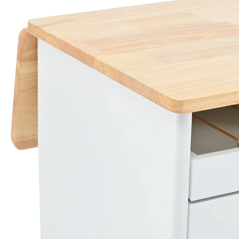 Rubberwood Kitchen Cart with Drop Leaf, Internal Storage Rack, Flip Cabinet Door, and 2 Drawers