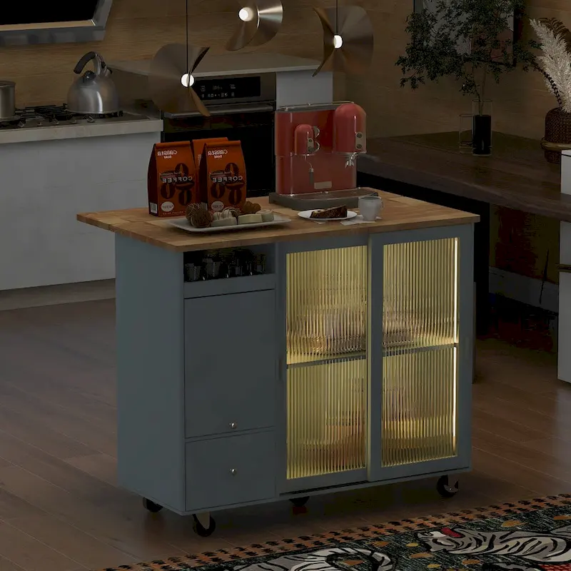Rubberwood Kitchen Cart with Drop Leaf, Internal Storage Rack, Flip Cabinet Door, and 2 Drawers