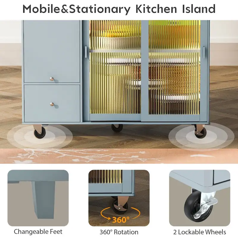 Rubberwood Kitchen Cart with Drop Leaf, Internal Storage Rack, Flip Cabinet Door, and 2 Drawers