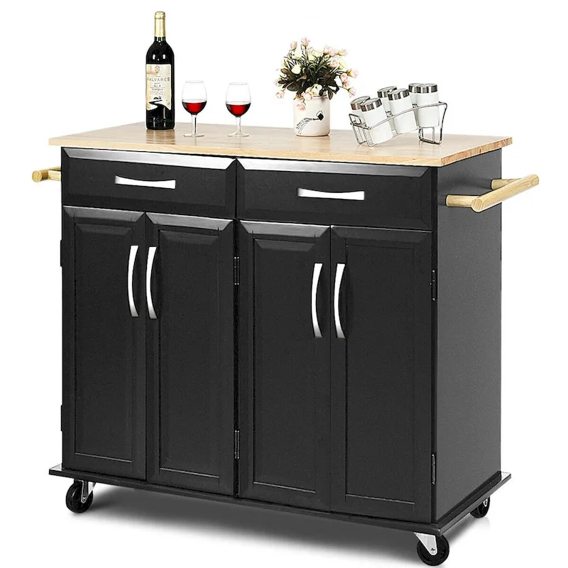 Costway Rolling Kitchen Trolley Island Black Cart Wood Top Storage