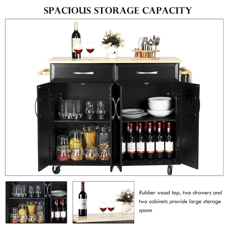 Costway Rolling Kitchen Trolley Island Black Cart Wood Top Storage