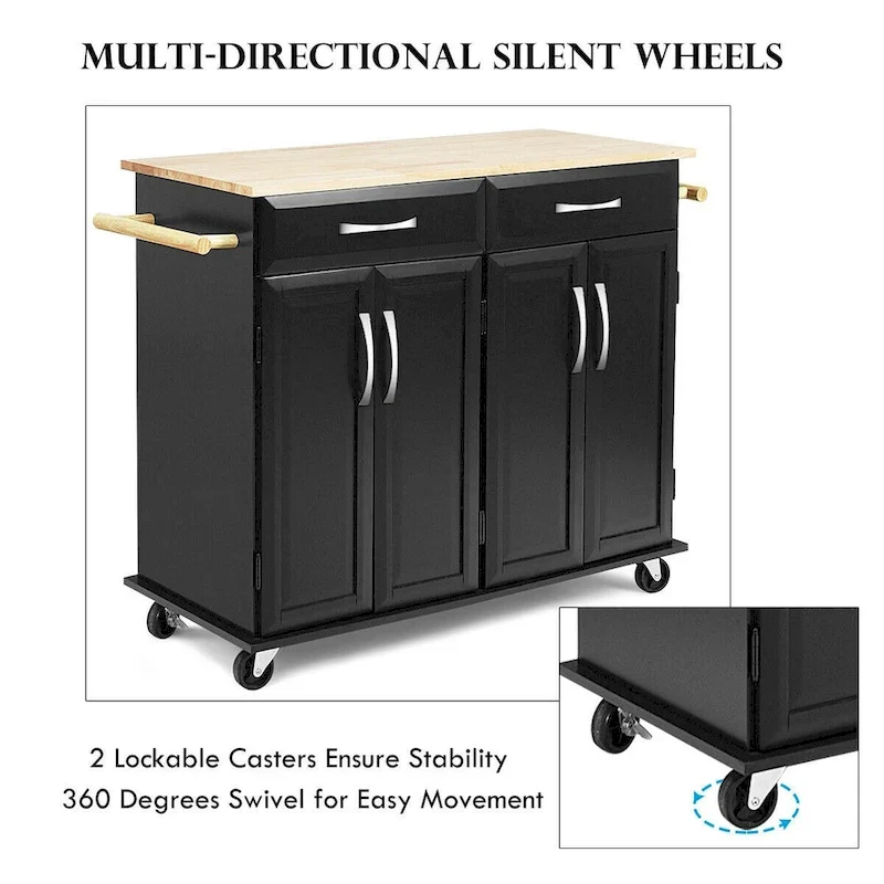 Costway Rolling Kitchen Trolley Island Black Cart Wood Top Storage