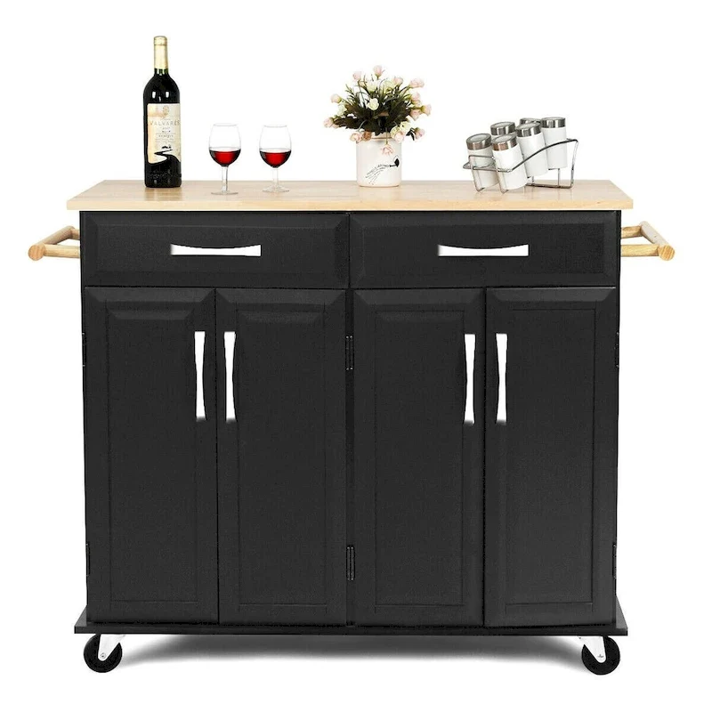 Costway Rolling Kitchen Trolley Island Black Cart Wood Top Storage