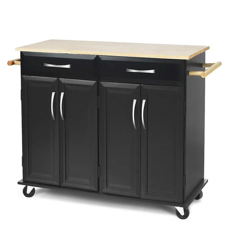 Costway Rolling Kitchen Trolley Island Black Cart Wood Top Storage