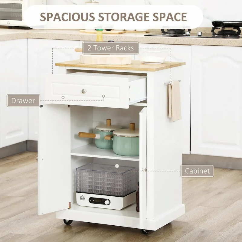 Rolling Kitchen Island Cart with Drawer, Adjustable Shelf, and 2 Towel Racks
