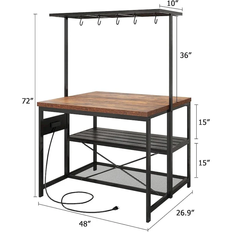 47 3 Tier Kitchen Island Table with Storage Shelf and Hooks - N/A