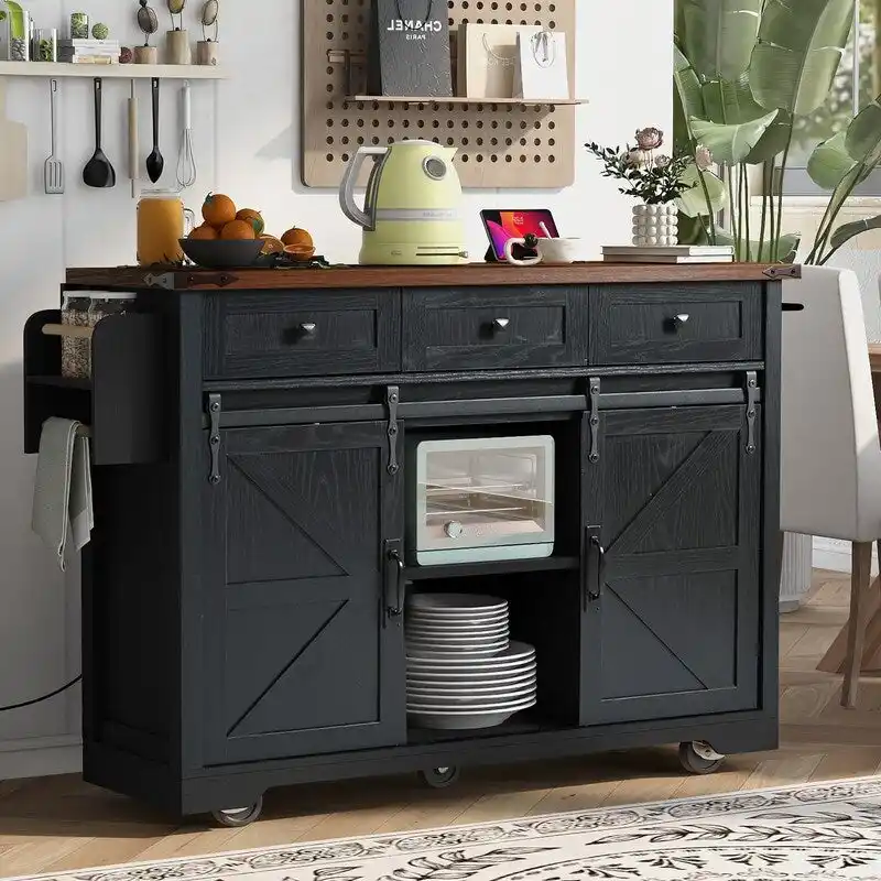 Farmhouse Kitchen Island with Power Outlet, Rolling Kitchen Cart with Drop Leaf
