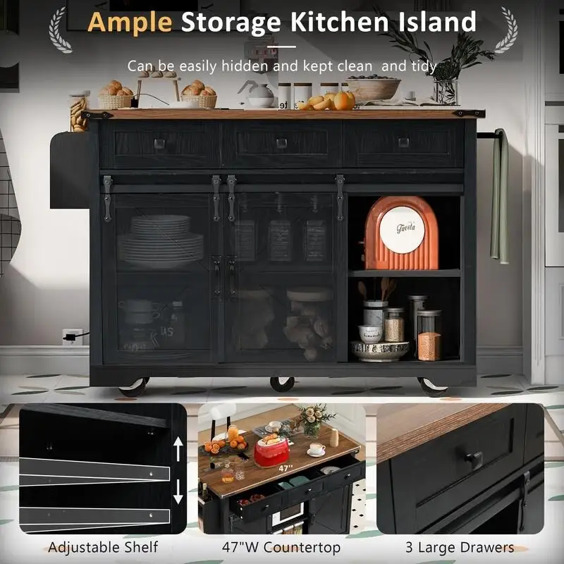 Farmhouse Kitchen Island with Power Outlet, Rolling Kitchen Cart with Drop Leaf