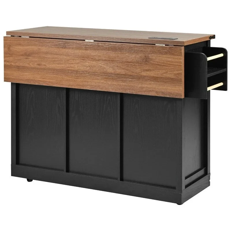 Farmhouse Kitchen Island with Power Outlet, Rolling Kitchen Cart with Drop Leaf
