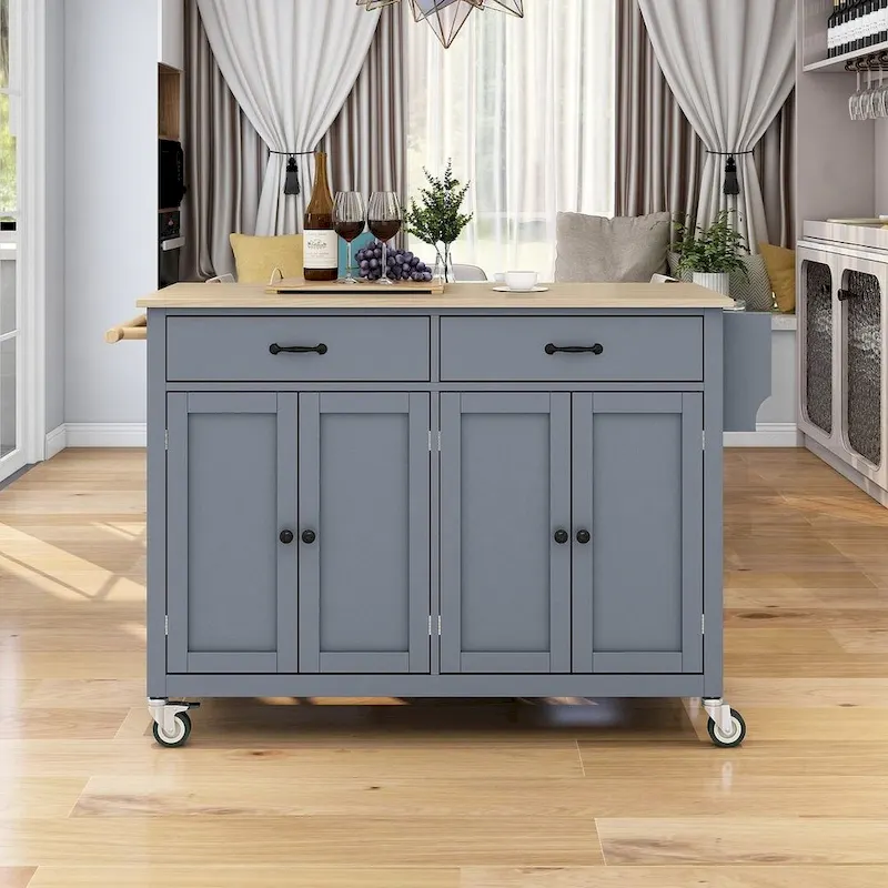 Kitchen Island Cart with Solid Wood Top, Locking Wheels, Spice & Towel Rack