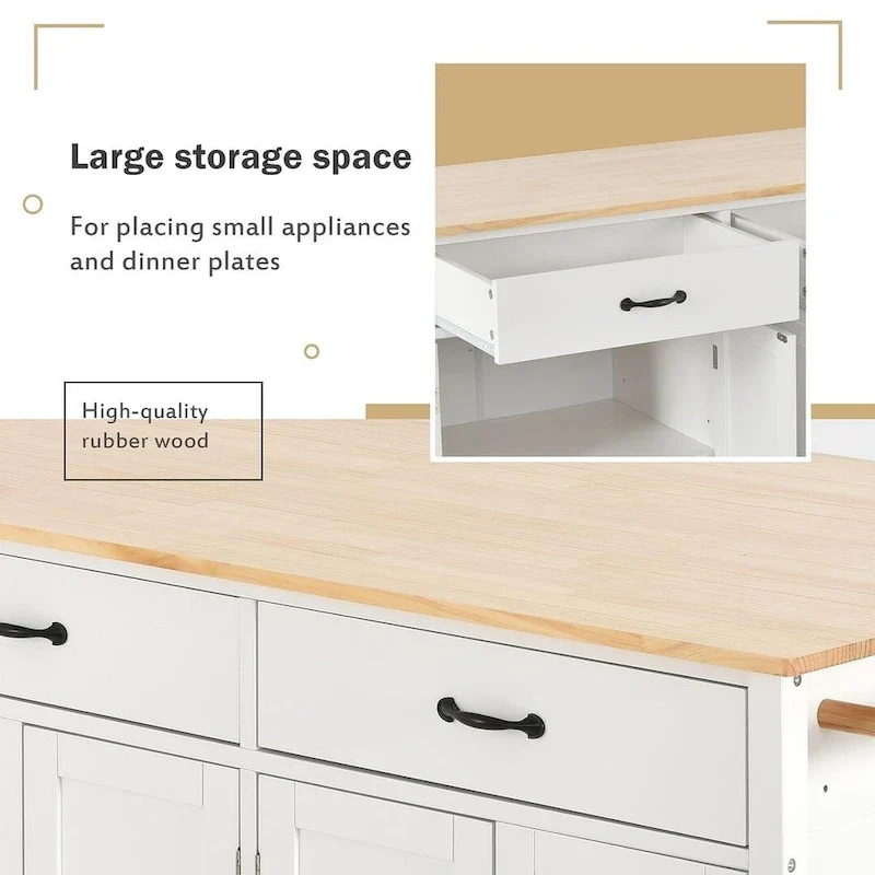 Kitchen Island Cart with Solid Wood Top, Locking Wheels, Spice & Towel Rack