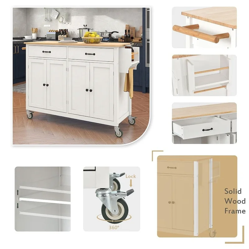 Kitchen Island Cart with Solid Wood Top, Locking Wheels, Spice & Towel Rack