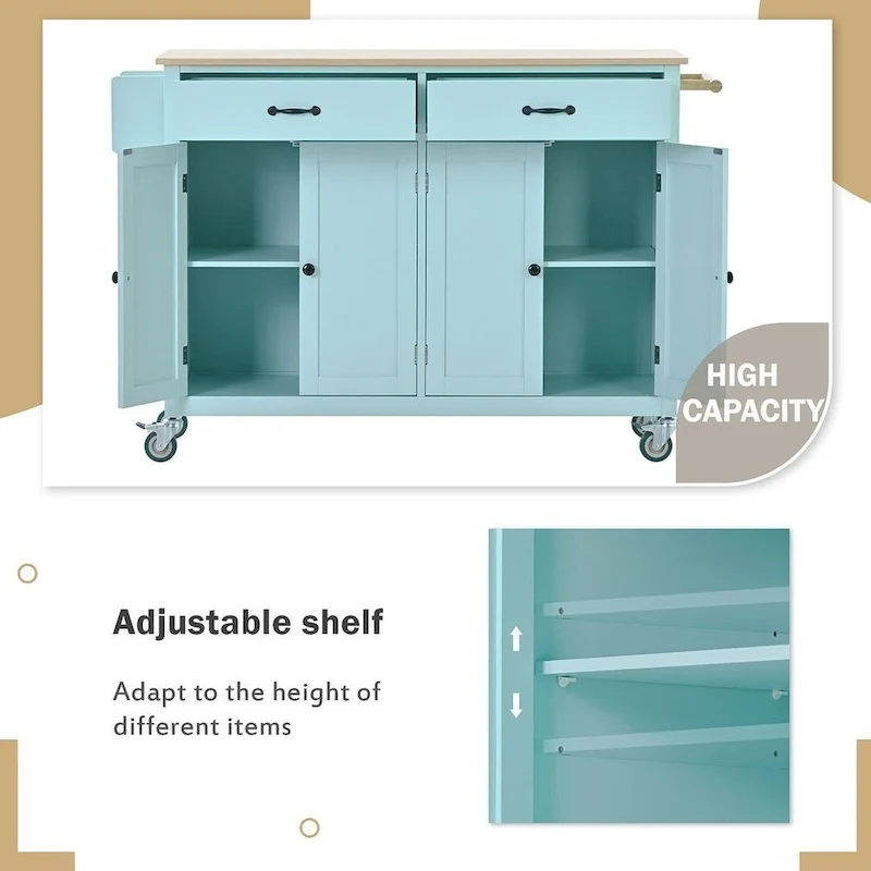 Kitchen Island Cart with Solid Wood Top, Locking Wheels, Spice & Towel Rack