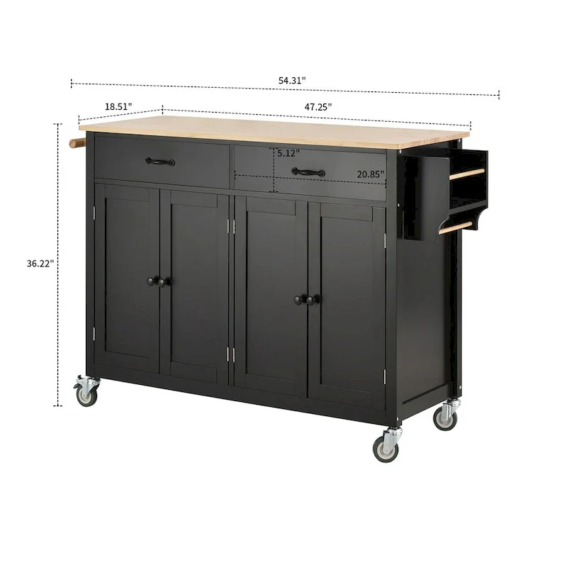 Classic Wooden Kitchen Island Cart with 2 Drawers, 2 Cabinets, a Towel Rack and a Spice Rack