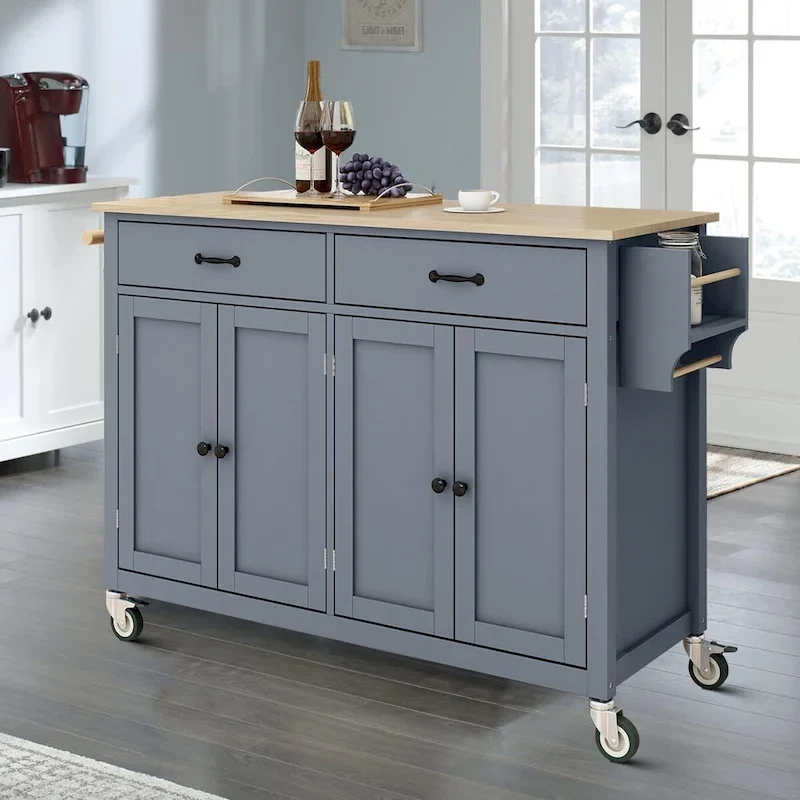 Classic Wooden Kitchen Island Cart with 2 Drawers, 2 Cabinets, a Towel Rack and a Spice Rack