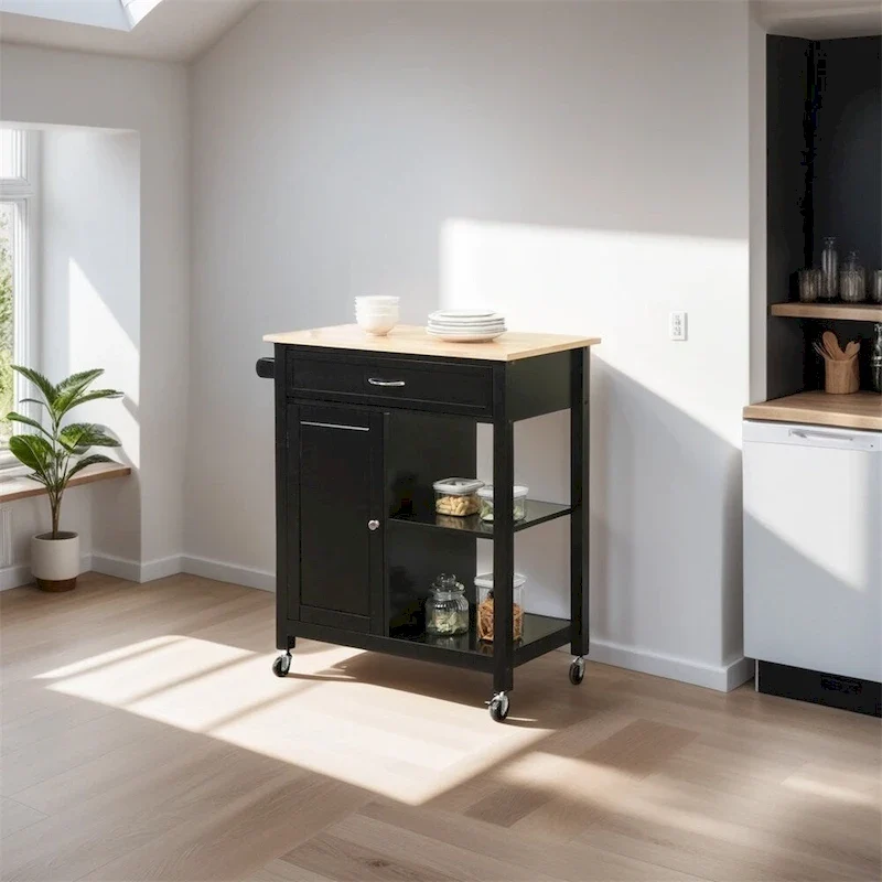 Rolling Kitchen Island Cart with Storage and Solid Wood Top - N/A