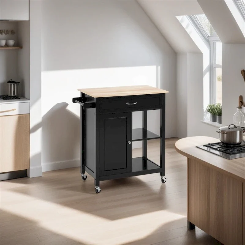 Rolling Kitchen Island Cart with Storage and Solid Wood Top - N/A