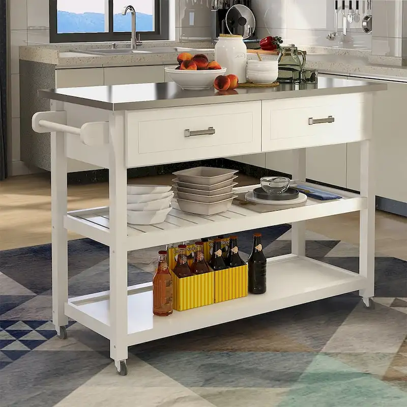 Merax Stainless Steel Table Top White Kicthen Cart With Two Drawers