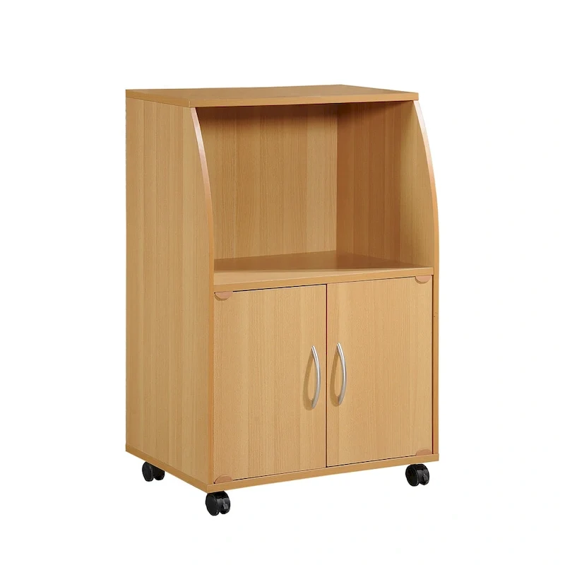Hodedah Wooden Mini Wheeled Microwave Island Cart with Cabinet Storage, Beech - 33.07