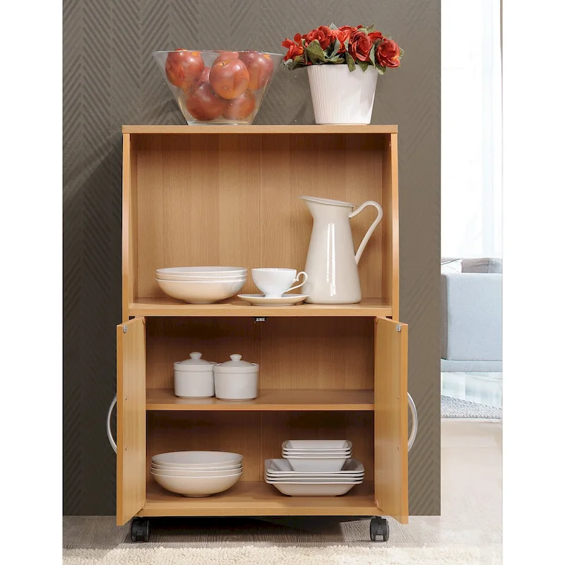 Hodedah Wooden Mini Wheeled Microwave Island Cart with Cabinet Storage, Beech - 33.07