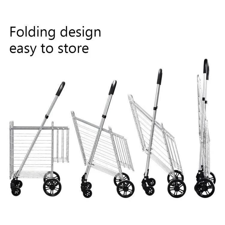 Folding Shopping Basket Rolling Trolley with Adjustable Handle