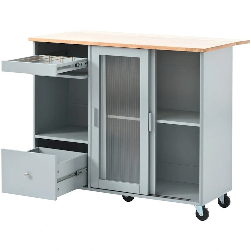 44 in. W Kitchen Island Rubber Wood Drop-Leaf Countertop on 5 Wheels with an Adjustable Shelf and 2 Drawers - 44