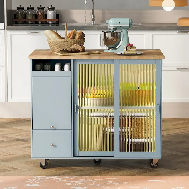 44 in. W Kitchen Island Rubber Wood Drop-Leaf Countertop on 5 Wheels with an Adjustable Shelf and 2 Drawers - 44