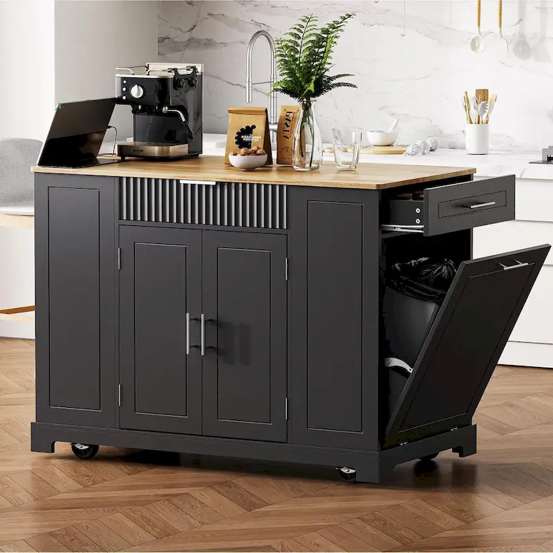 Fluted Kitchen Island with Trash Can Storage Cabinet, Power Outlet, Rolling Kitchen Islands on 5 Wheels with 3 Open Side Racks