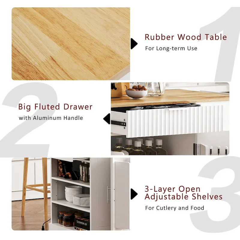 Fluted Kitchen Island with Trash Can Storage Cabinet, Power Outlet, Rolling Kitchen Islands on 5 Wheels with 3 Open Side Racks