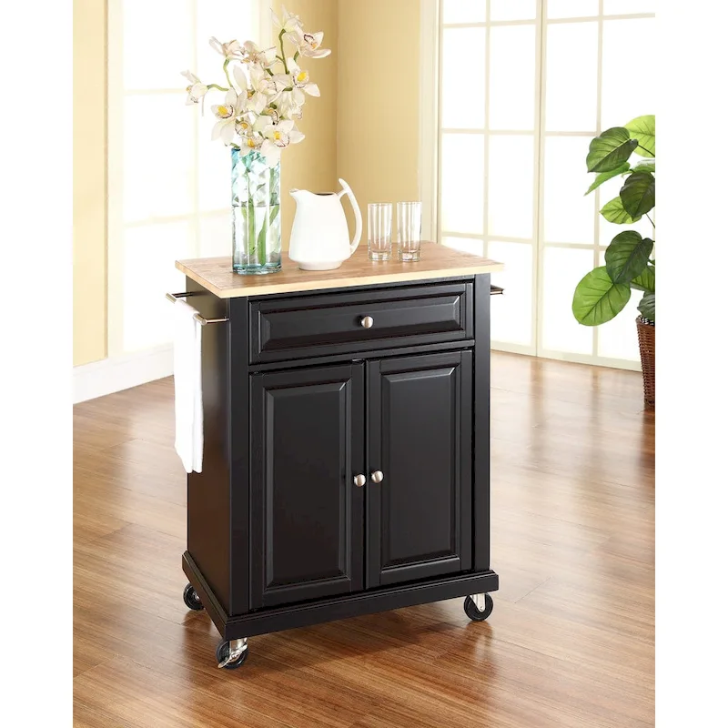 Crosley Black Wood Portable Kitchen Cart/Island with Natural Wood Top - 31W x 18D x 35.5H