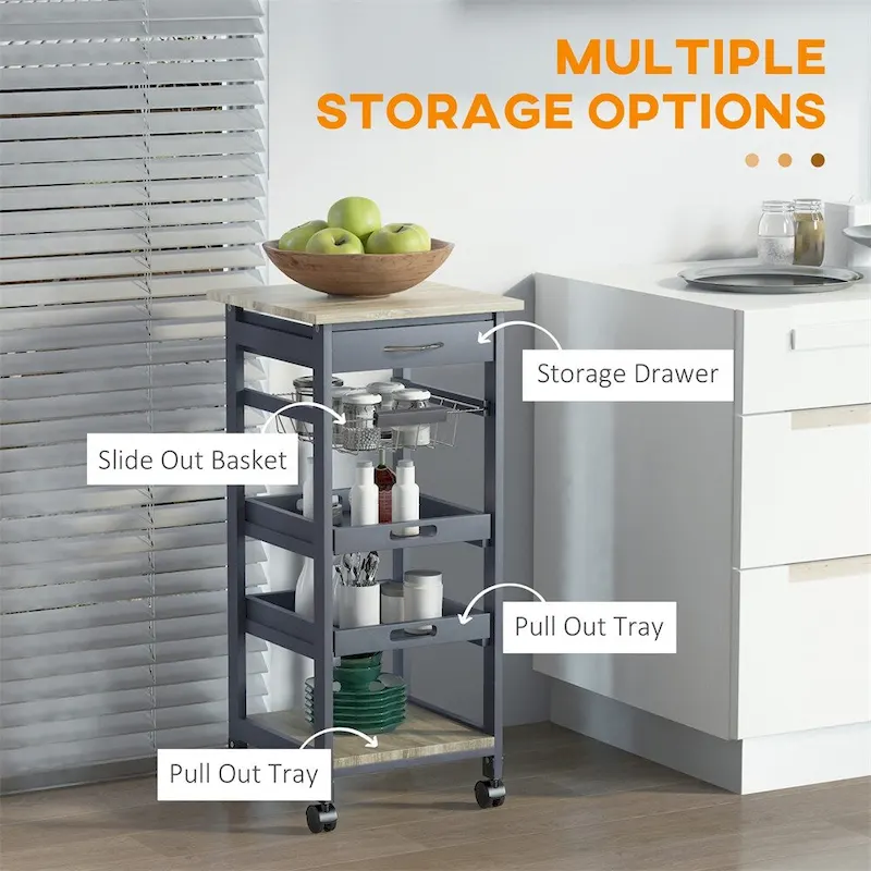 Mobile Kitchen Island Cart with Drawer and Slide-Out Storage Basket - N/A