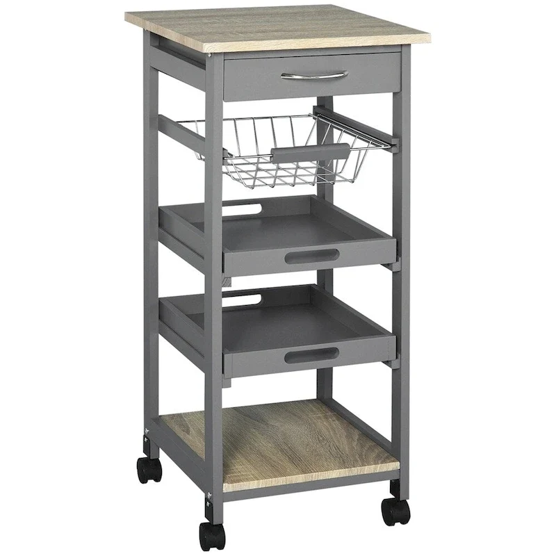Mobile Kitchen Island Cart with Drawer and Slide-Out Storage Basket - N/A
