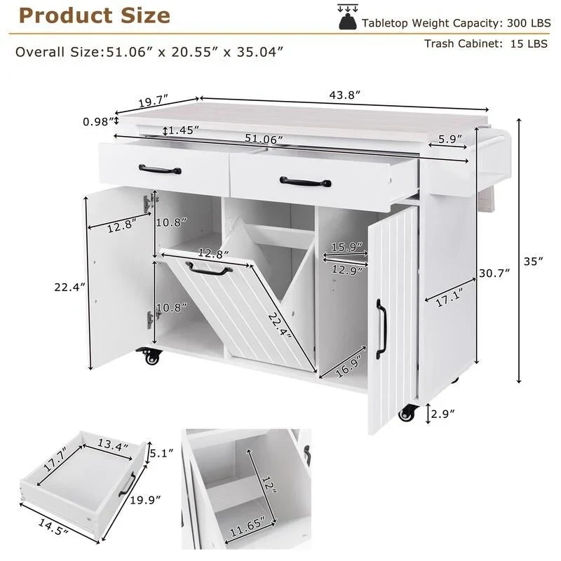 Alger Kitchen Island with Trash Can Storage Cabinet