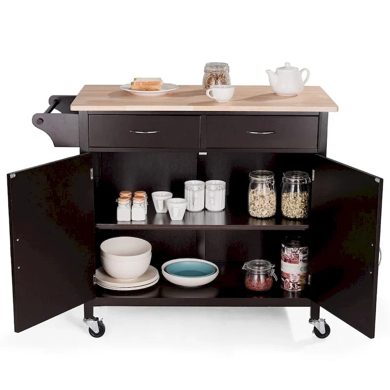 Brown Kitchen Island Storage Cart with Wood Top and Casters - 43 x 19.5 x 35.5 (L x W x H)