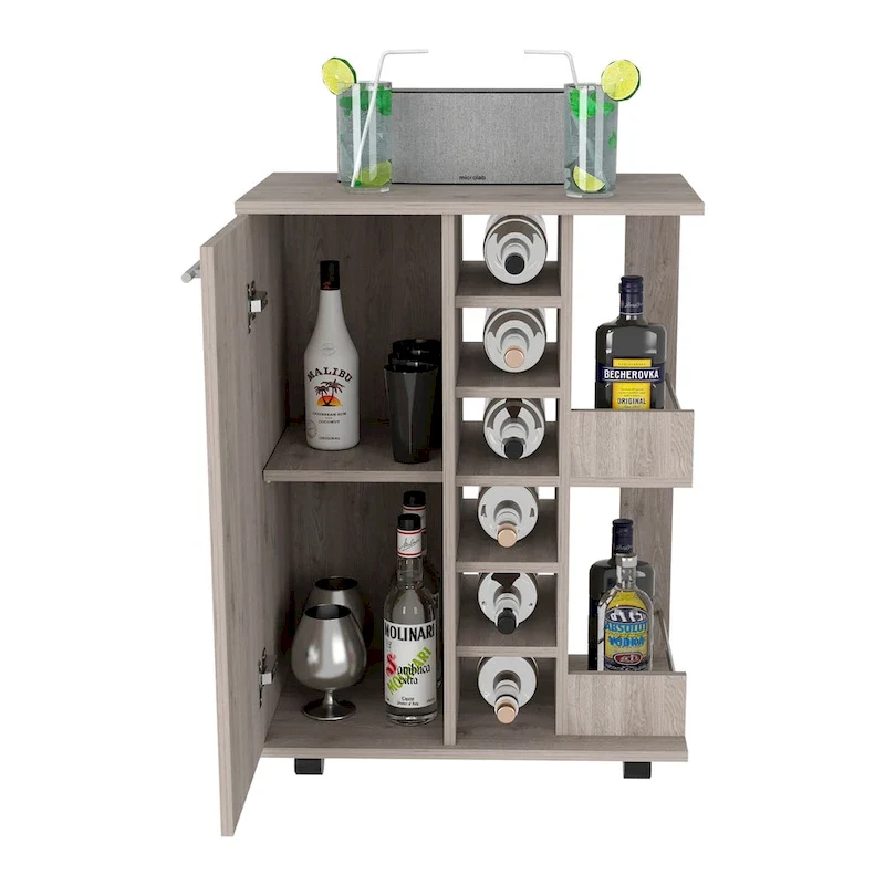 Wooden Bar Cart, Kitchen Serving Cart with Wine Rack and 1-Door Cabinet, 23.6x14.8x32.2 in.