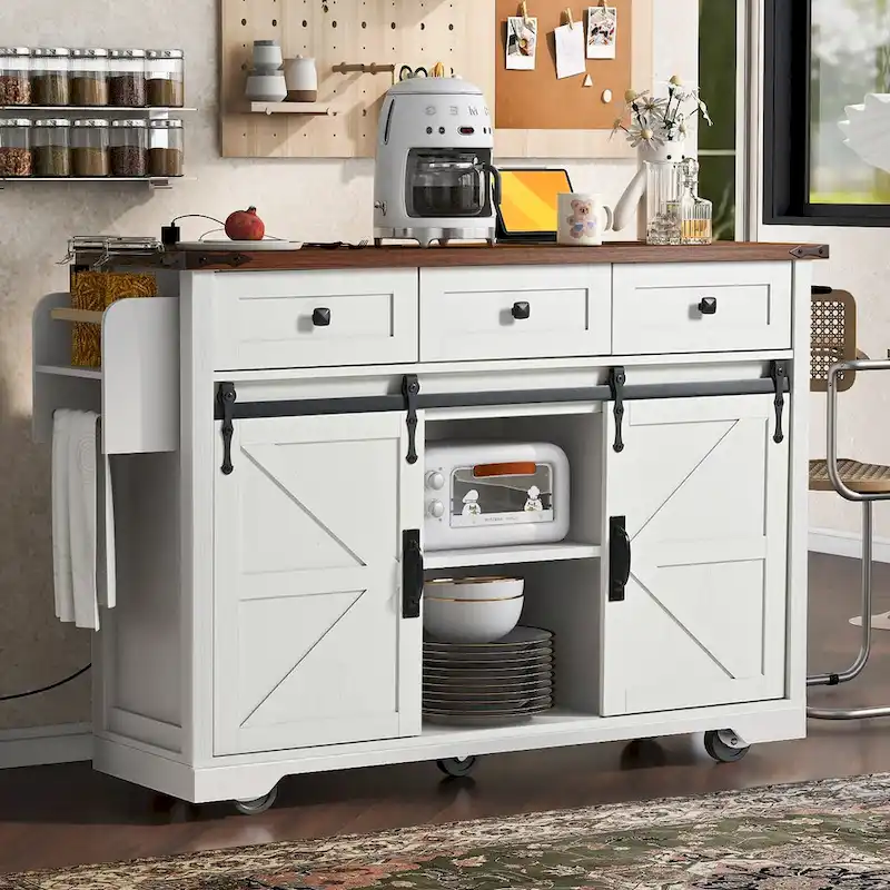 53.7Kitchen Island with Power Outlet,2 Sliding Barn Door Island with Drop Leaf,Spice Rack Rolling Kitchen Cart on Wheels