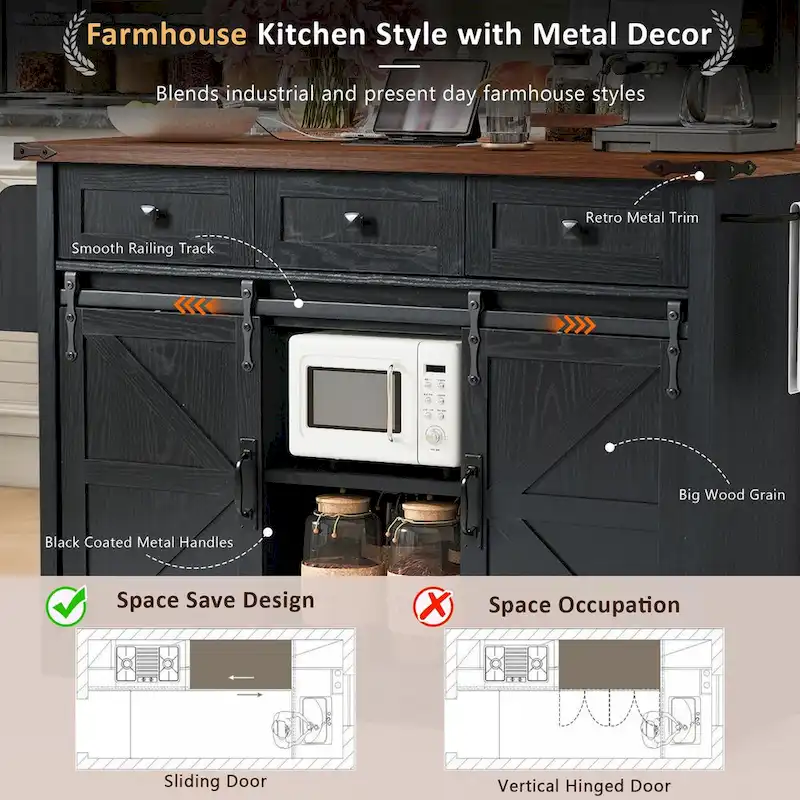 53.7Kitchen Island with Power Outlet,2 Sliding Barn Door Island with Drop Leaf,Spice Rack Rolling Kitchen Cart on Wheels
