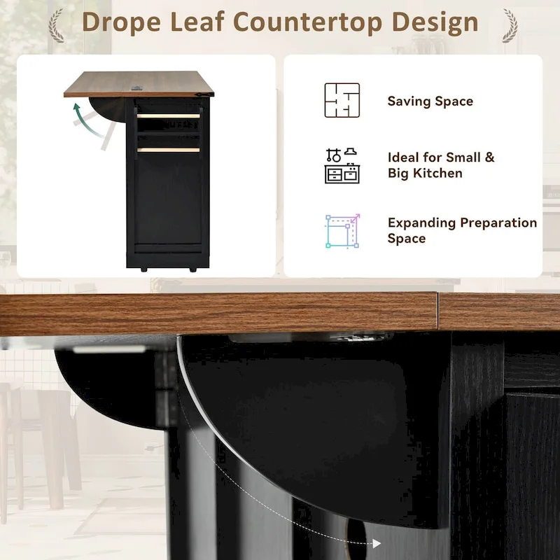 53.7Kitchen Island with Power Outlet,2 Sliding Barn Door Island with Drop Leaf,Spice Rack Rolling Kitchen Cart on Wheels