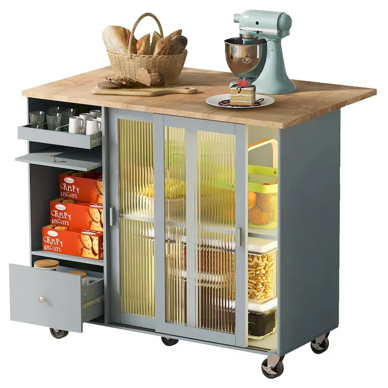 Kitchen Island with Drop Leaf,Light Cart on Wheels with 2 Glass and 1 Flip Cabinet Door,Island Cart with an Shelf and 2 Drawers