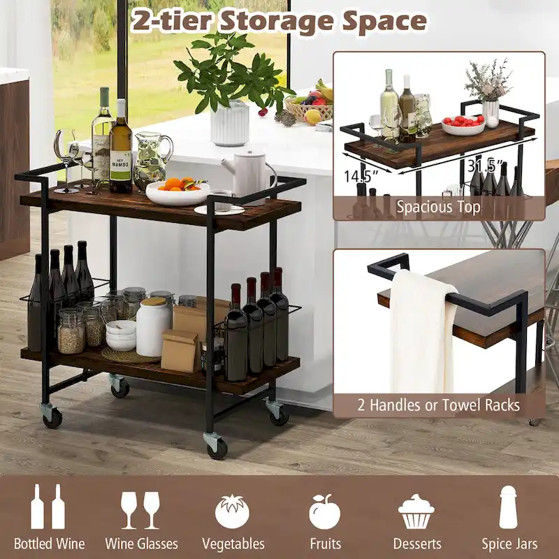 Gymax Home Bar Cart 2-tier Home Bar Cart w/ Lockable Wheels &