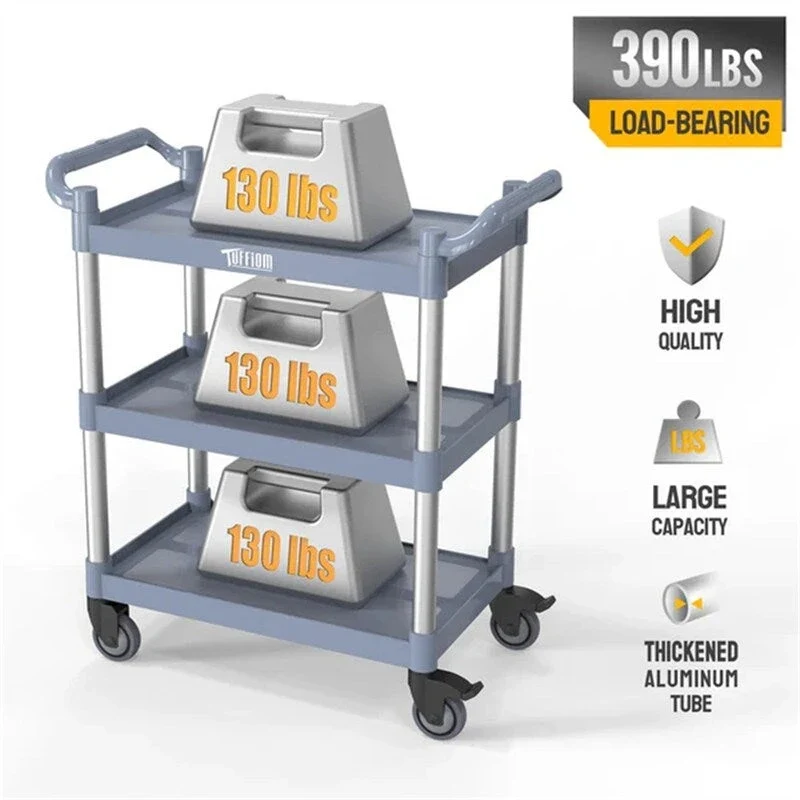 3 Tier Medium 390lbs Capacity Plastic Utility Cart with Wheels Grey