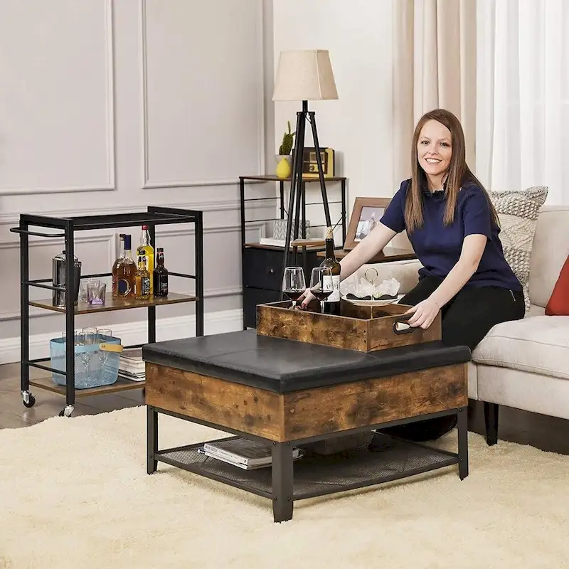 Rustic Brown Black Industrial Bar Cart with Removable Tray 3-Tier Storage and Lockable Wheels