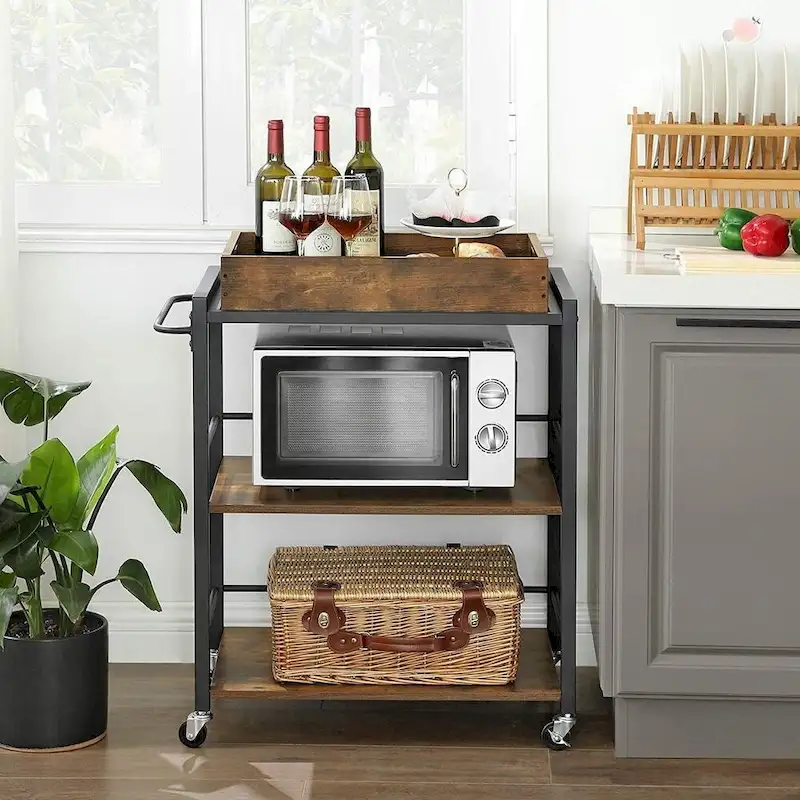 Rustic Brown Black Industrial Bar Cart with Removable Tray 3-Tier Storage and Lockable Wheels