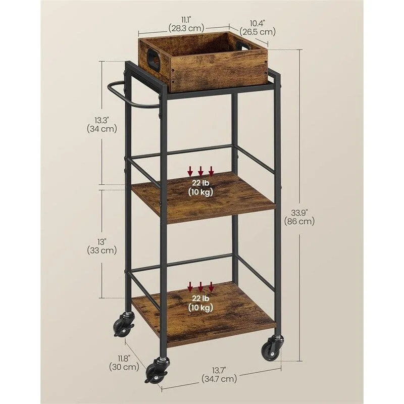 Rustic Brown Black Industrial Bar Cart with Removable Tray 3-Tier Storage and Lockable Wheels