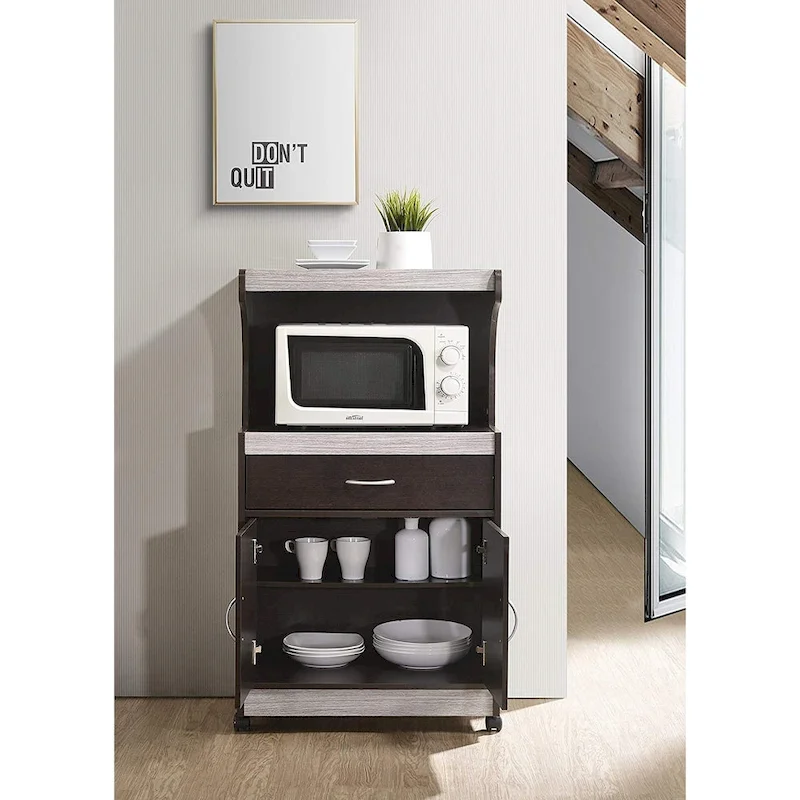 Hodedah Wheeled Microwave Cart w Drawer and Cabinet Storage, Brown/Gry - 60