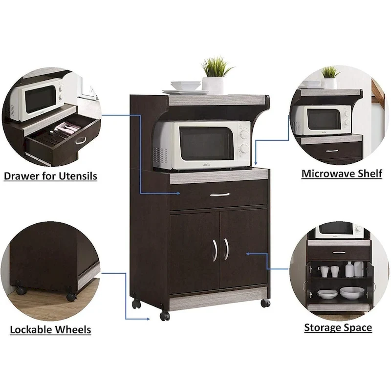 Hodedah Wheeled Microwave Cart w Drawer and Cabinet Storage, Brown/Gry - 60
