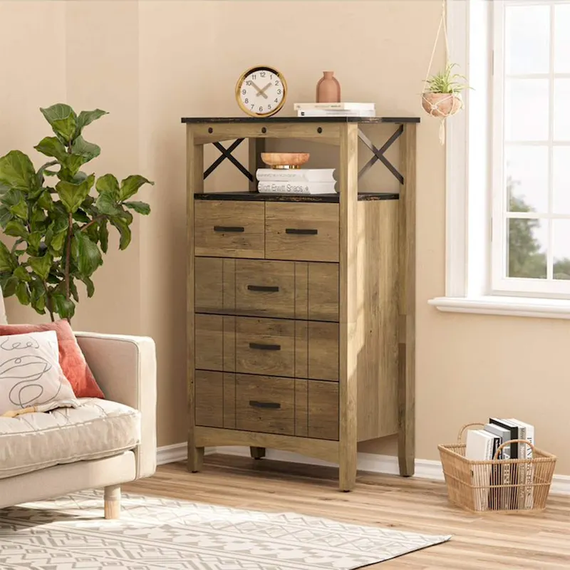 Bestier Hallway & Living Room Storage Cabinet w/ 2 Shelves and 5 Drawers, Brown - 83