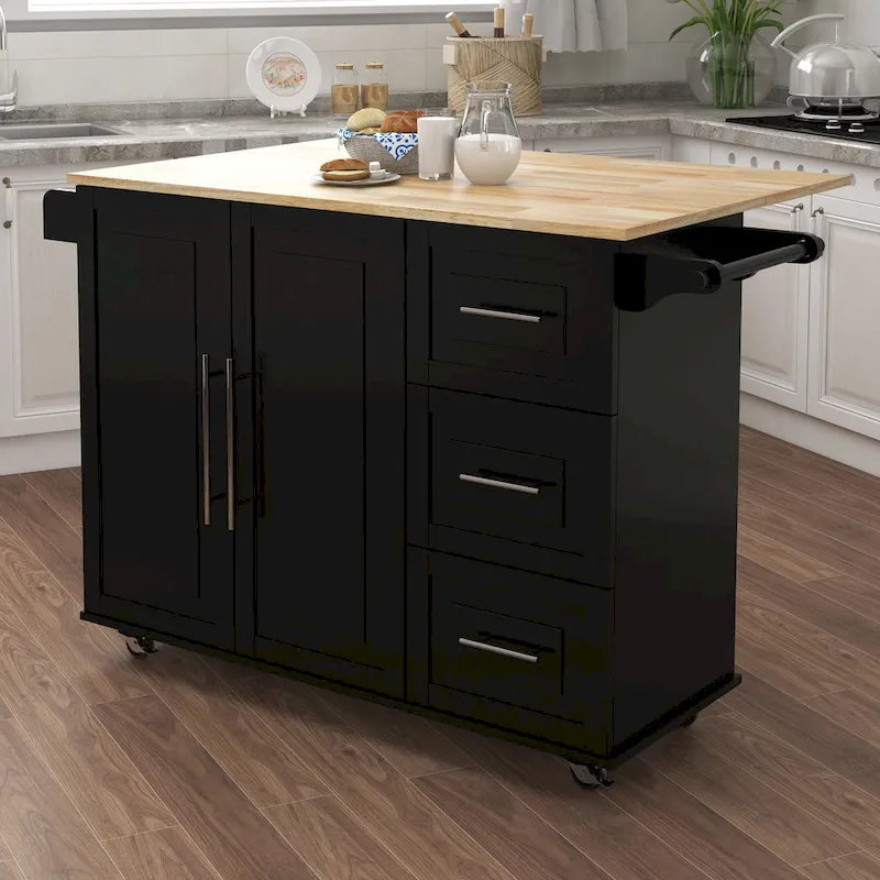 Large Farmhouse Kitchen Island Modern Mobile Kitchen Island Spice Rack Towel Rack and Extendable Solid Wood Table Top